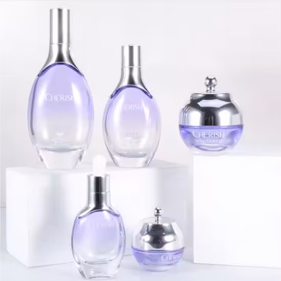 Luxuriöses 100-ml-Set aus lila Kosmetikflaschen und Gläsern für die Hautpflege, individuelle Verpackung zum Verkauf
